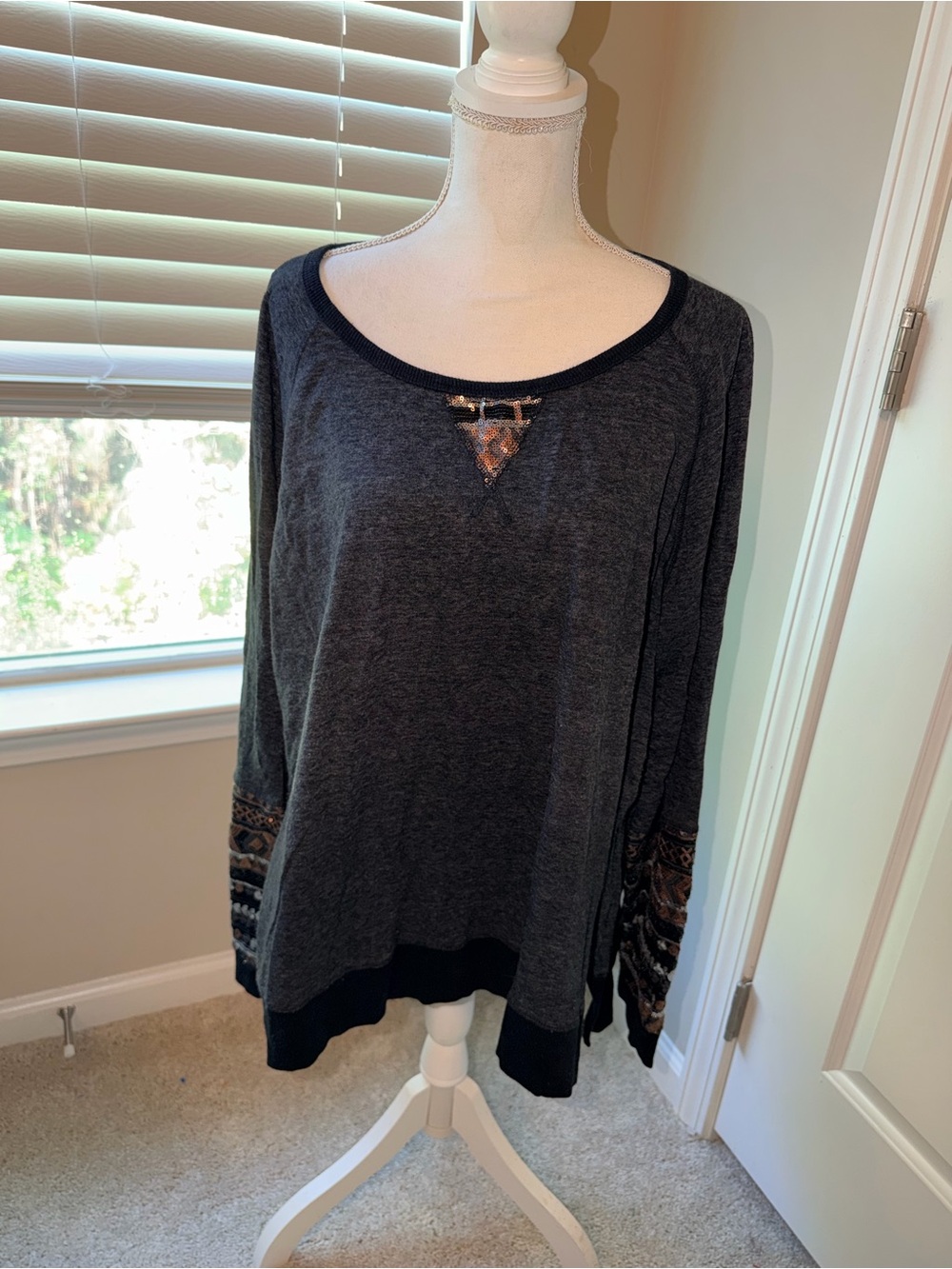 Cato Charcoal Gray Long Sleeve Pullover with Patterned Trim